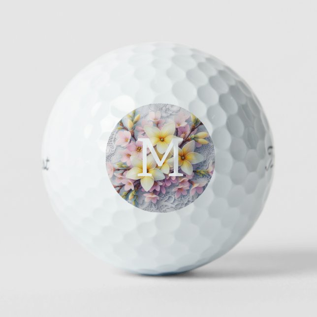 Pelotas De Golf Encaje de monograma flores de primavera rosadas y  (Anverso)