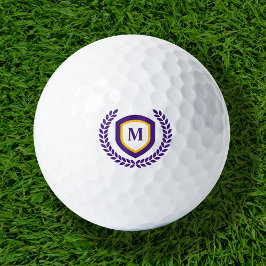 Pelotas De Golf Escudo del logotipo del monograma morado y dorado