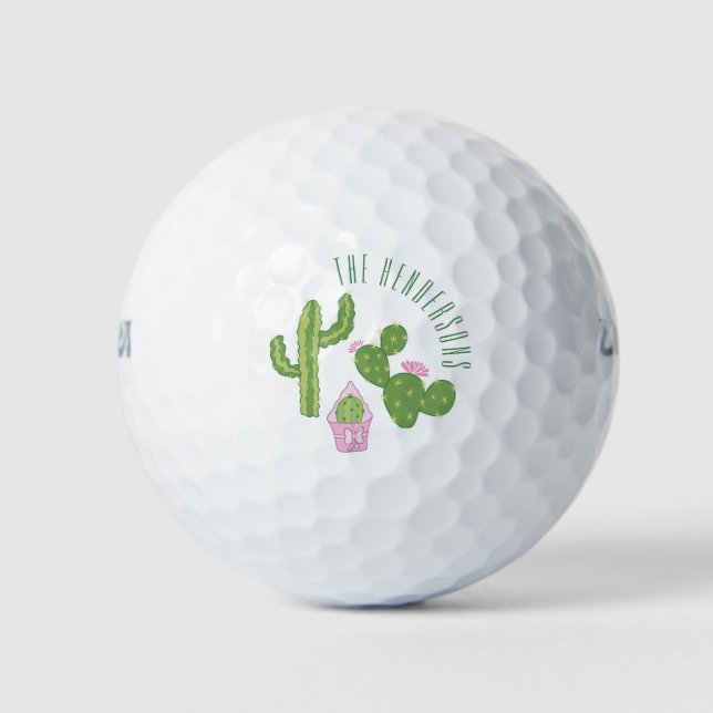 Pelotas De Golf Familia Cactus personalizada Verde y Rosa (Anverso)