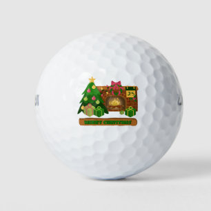 Pelotas De Golf Feliz Navidad cerca de la chimenea de fuego árbol