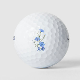 Pelotas De Golf Flor de achicoria azul Monograma acuarela