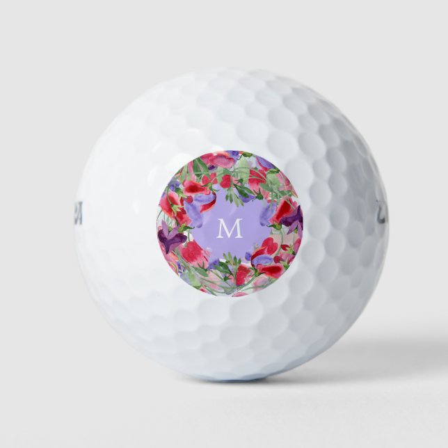 Pelotas De Golf Floral de acuarela monogramada de bonito (Anverso)
