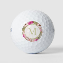 Pelotas De Golf Flores rosas elegantes hojas verdes monograma muje