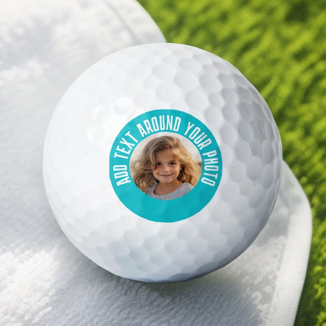 Pelotas De Golf Foto con borde azul brillante y texto Personalizad (Add Your Photo to this Personalized Golf Ball)