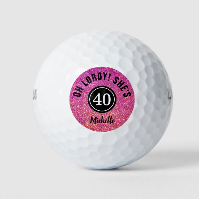 Pelotas De Golf Funny 40.º Purpurina rosado de cumpleaños personal (Anverso)
