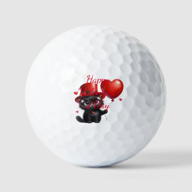 Pelotas De Golf Funny Black Cat With Balloons Valentine's Day (Anverso)