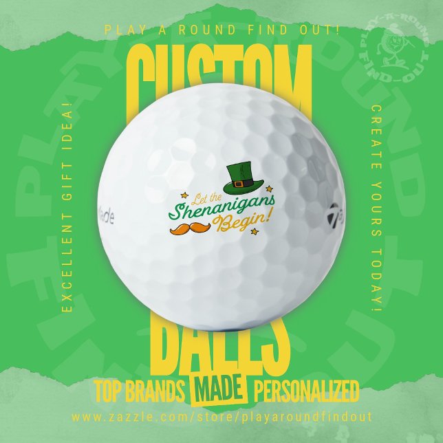 Pelotas De Golf Funny St. Patrick’s Day Design for Golf Buddies (Custom name brand golf balls by Play A Round Find Out, "Let The Shenanigans Begin" leprechaun design)