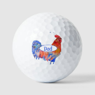 Pelotas De Golf Gallo Rojo Pollo Pintura Acuarela Azul Papá