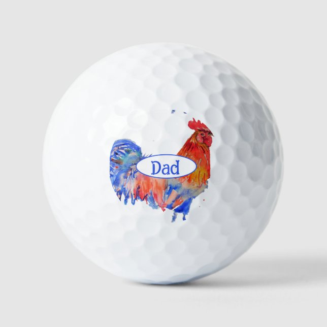 Pelotas De Golf Gallo Rojo Pollo Pintura Acuarela Azul Papá (Anverso)