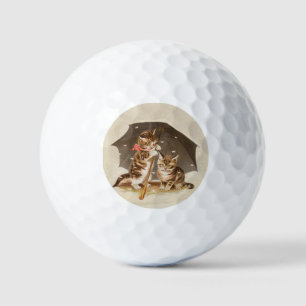 Pelotas De Golf Gatitos antiguos bajo paraguas arte de gato antigu