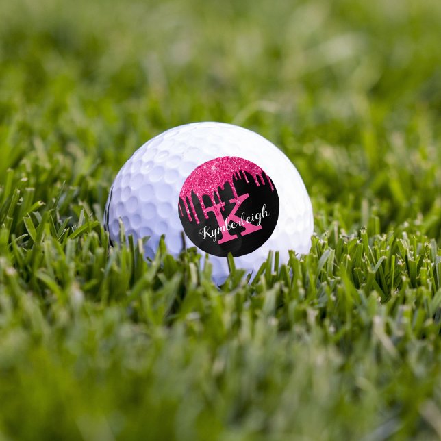 Pelotas De Golf Girly Black Hot Pink Purpurinas Dris Monograma Nom (Subido por el creador)