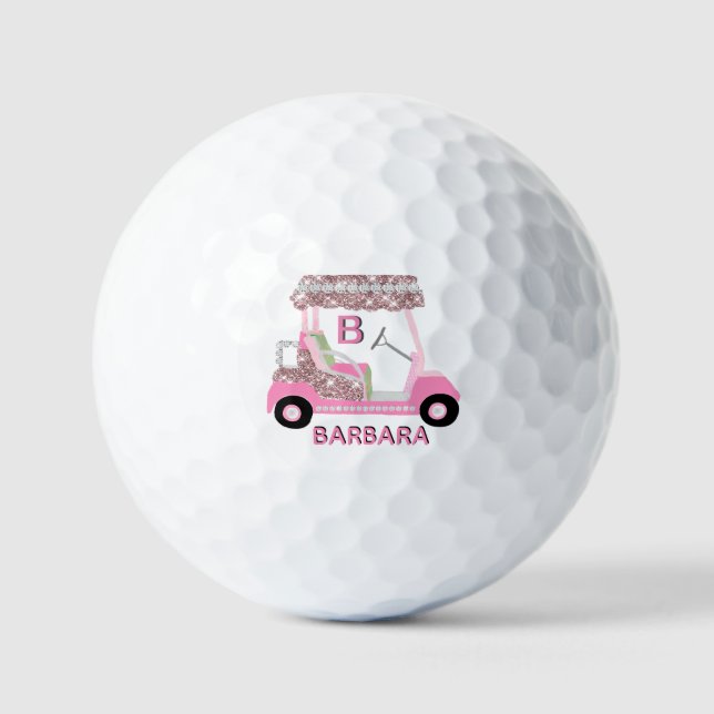Pelotas De Golf Glam Glitz Monograma Rosa Carro de diamante dorado (Anverso)