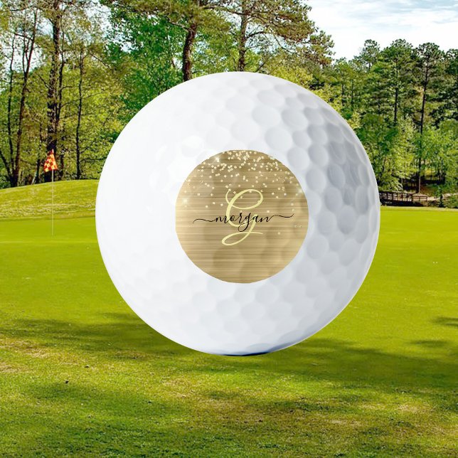 Pelotas De Golf Gold Glitter & Monogram, Black Script Name (Subido por el creador)