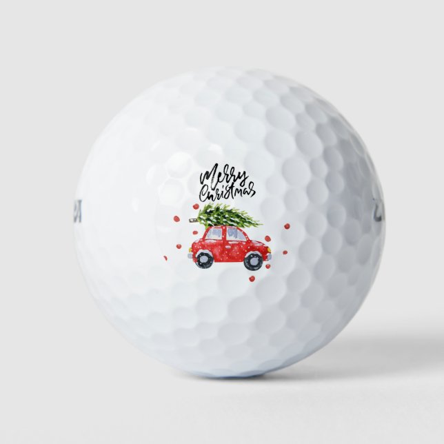 Pelotas De Golf Golf Feliz coche rojo navideño con árbol de Navida (Anverso)
