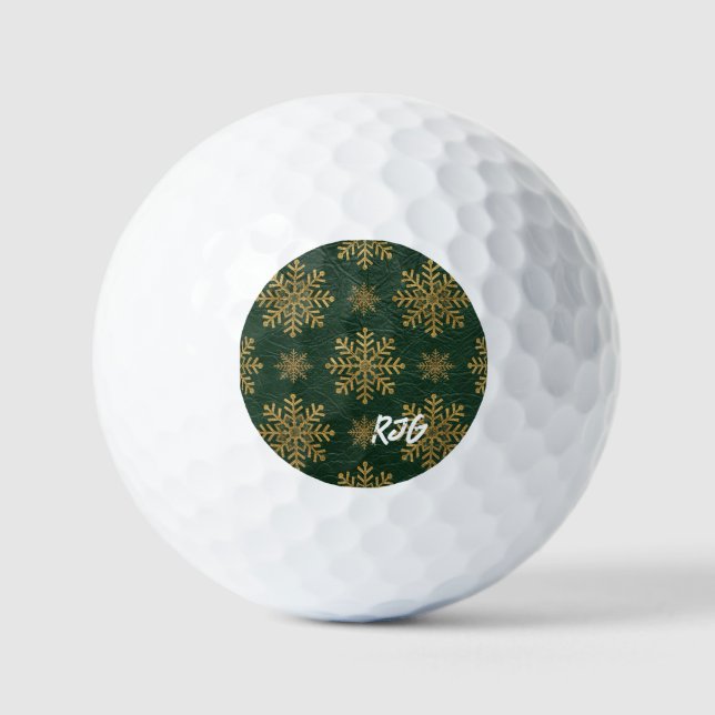 Pelotas De Golf Green Leather Tooled with Gold Snowflakes Initials (Anverso)