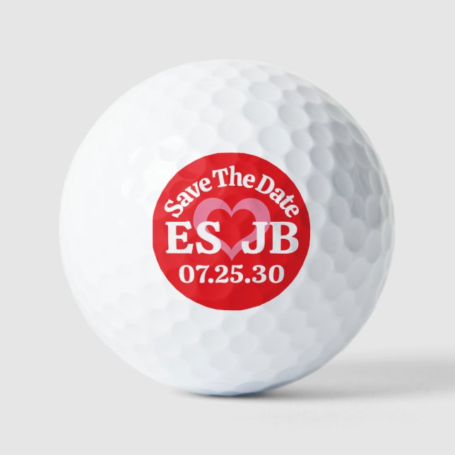 Pelotas De Golf GUARDAR FECHA Corazón Rosa Rojo MONOGRAMAS Fondo R (Anverso)