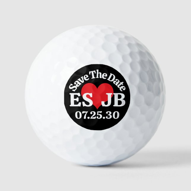 Pelotas De Golf GUARDAR FECHA Corazones Rojos MONOGRAMAS Fondo Neg (Anverso)