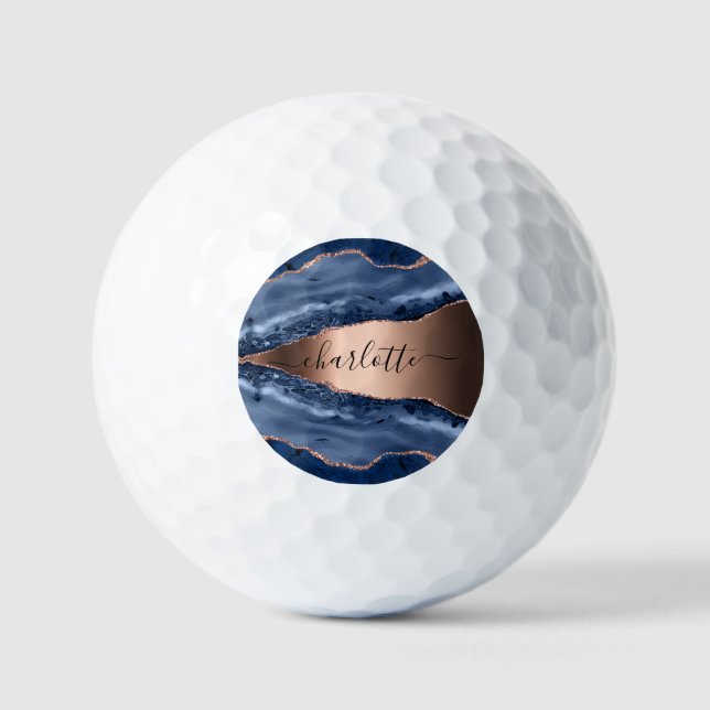 Pelotas De Golf Guión de nombre dorado del rosa de mármol azul (Anverso)