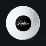 Pelotas De Golf Guión de pincel retro Monograma blanco gris negro<br><div class="desc">Esta pelota de golf personalizada presenta su nombre en un guión de broche retro blanco inspirado en vintage sobre su monograma inicial en serif gris sobre fondo negro. Un diseño sencillo pero distintivo que hace un gran regalo para un hombre o una mujer.</div>