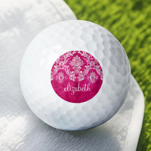 Pelotas De Golf Hot Pink Grunge Damask Pattern Custom Monogram