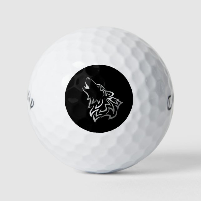 Pelotas De Golf Howling Wolf Tribal Black and Silver (Anverso)