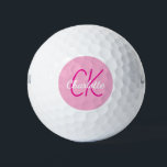 Pelotas De Golf Iniciales de monograma de nombre rosado<br><div class="desc">Fondo rosado,  texto rosa caliente y blanco. Personalice y agregue sus iniciales y nombre de monograma. El nombre está escrito con una escritura de estilo con letras a mano moderna.</div>