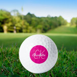 Pelotas De Golf Iniciales de monograma de nombre rosado caliente<br><div class="desc">Fondo rosa caliente,  texto rosa y blanco. Personalice y agregue sus iniciales y nombre de monograma. El nombre está escrito con una escritura de estilo con letras a mano moderna.</div>