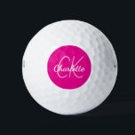 Pelotas De Golf Iniciales de monograma de nombre rosado caliente<br><div class="desc">Fondo rosa caliente,  texto rosa y blanco. Personalice y agregue sus iniciales y nombre de monograma. El nombre está escrito con una escritura de estilo con letras a mano moderna.</div>