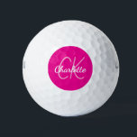 Pelotas De Golf Iniciales de monograma de nombre rosado caliente<br><div class="desc">Fondo rosa caliente,  texto rosa y blanco. Personalice y agregue sus iniciales y nombre de monograma. El nombre está escrito con una escritura de estilo con letras a mano moderna.</div>