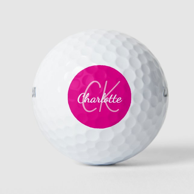 Pelotas De Golf Iniciales de monograma de nombre rosado caliente (Anverso)