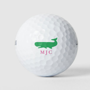 Pelotas De Golf Iniciales modernas monogramadas Ballena verde rosa