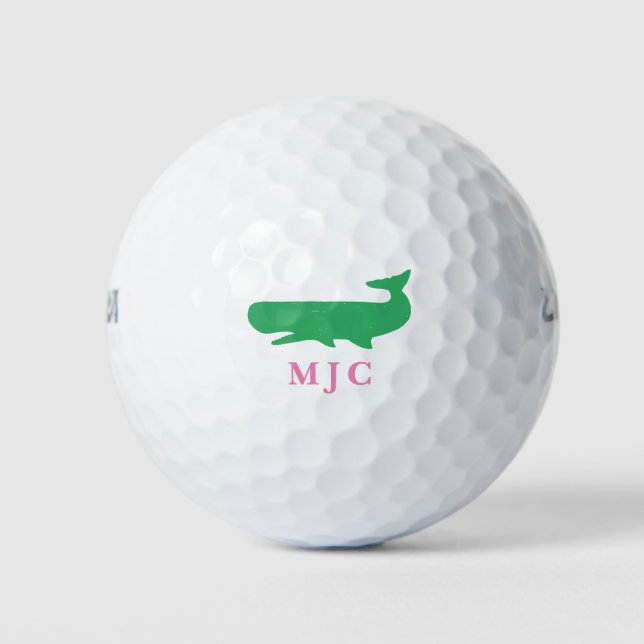 Pelotas De Golf Iniciales modernas monogramadas Ballena verde rosa (Anverso)