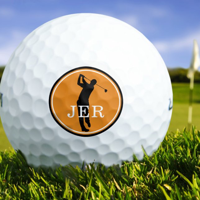 Pelotas De Golf Jugador Golfer Monograma Deportivo Moderno Naranja (Golfer Player Modern Sports Monogram Orange Black Golf Balls)