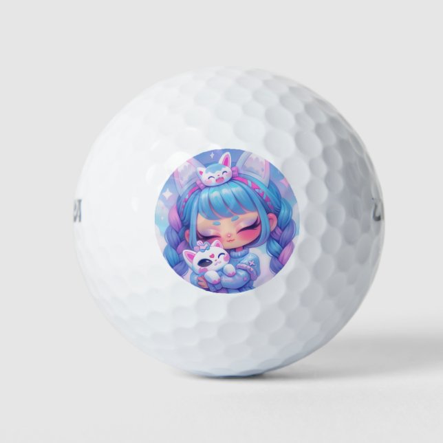 Pelotas De Golf Kawaii Chibi Anime Chica Coszy Kitty Cuddle Art (Anverso)