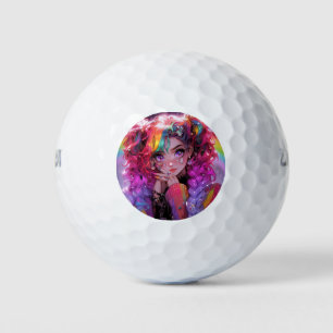 Pelotas De Golf Kawaii Chica de las trenzas de pelo arcoiris