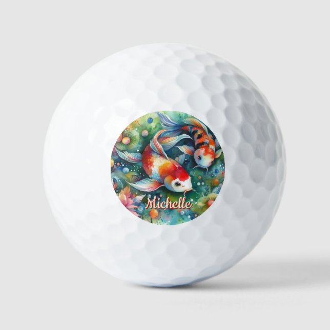 Pelotas De Golf Koi Fish Whimsical Watercolor Personalizado (Anverso)