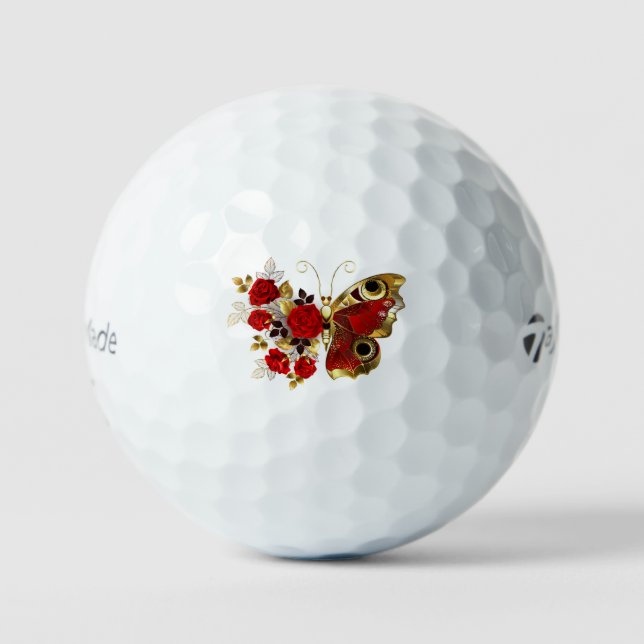 Pelotas De Golf Mariposa de flor roja con rosas rojas (Anverso)