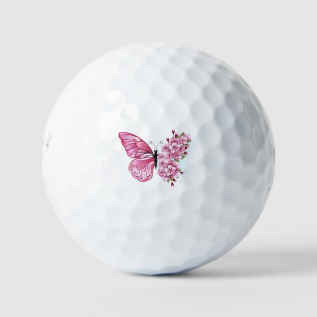 Pelotas De Golf Mariposa de flores con Sakura rosa (Anverso)