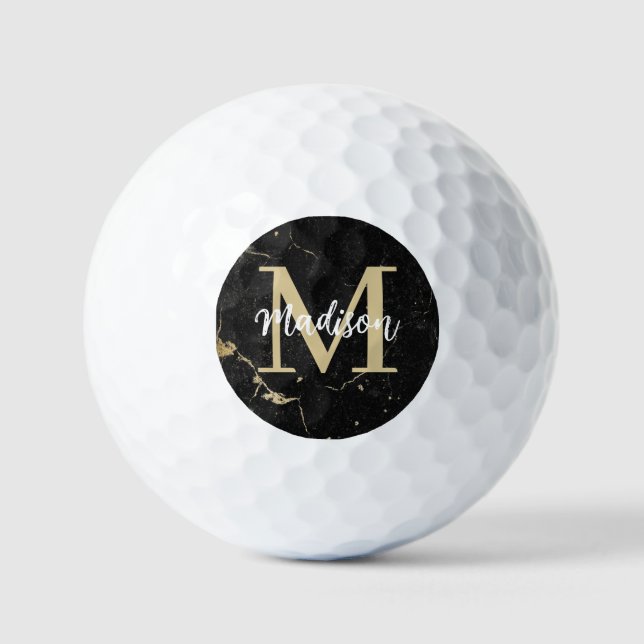 Pelotas De Golf Mármol negro de oro inicial monograma (Anverso)