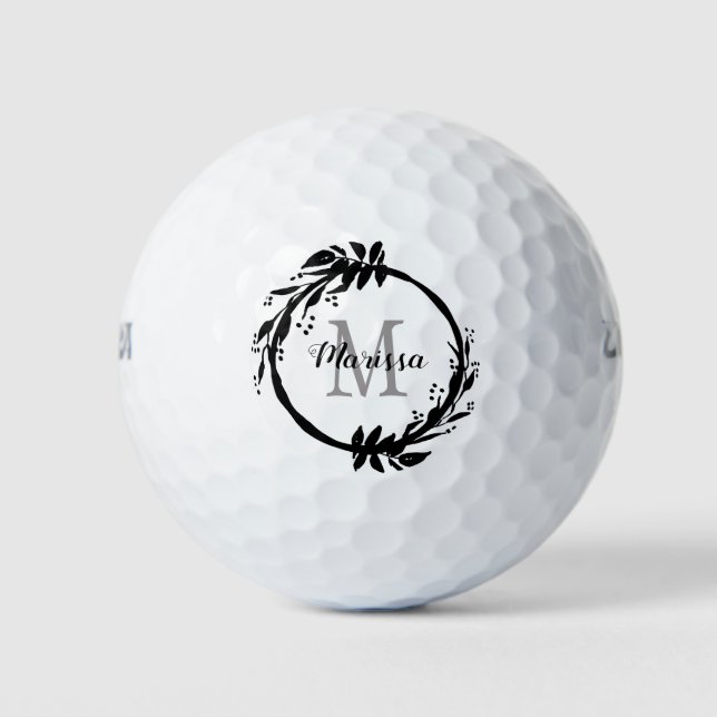 Pelotas De Golf Moda Girly Black & White Monograma Nombre Wreath (Anverso)