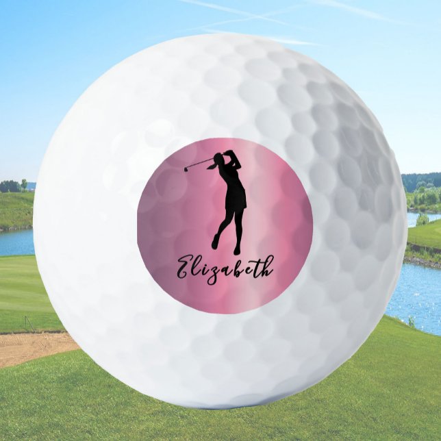 Pelotas De Golf Modern Pink Metallic Look Lady Golfer Custom Name (Subido por el creador)