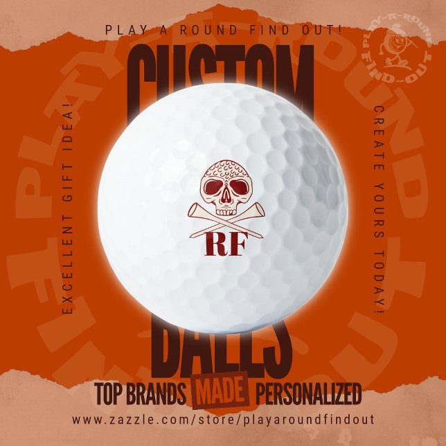 Pelotas De Golf Modern Skull and Cross Tees Monogrammed Initials (Custom golf balls by Play A Round Find Out, Initials "RF" featured beneath a Skull and Cross Tees)