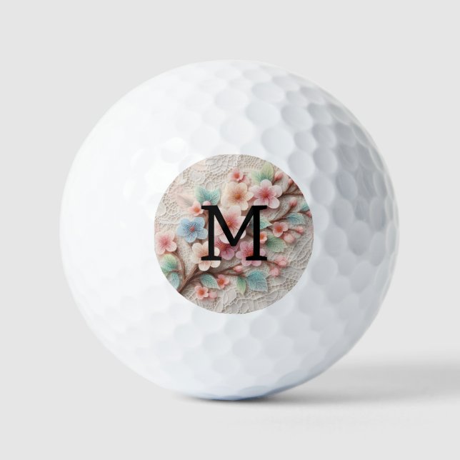 Pelotas De Golf Monogram lace floral pink pastel cherry blossom  (Anverso)