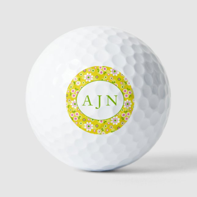 Pelotas De Golf Monograma amarillo y blanco con flores de mod retr (Anverso)