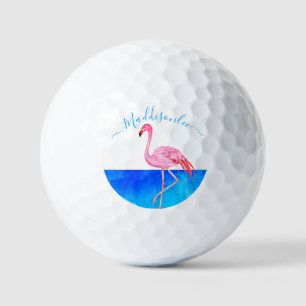 Pelotas De Golf Monograma azul tropical Nombre Flamingo rosa Golf