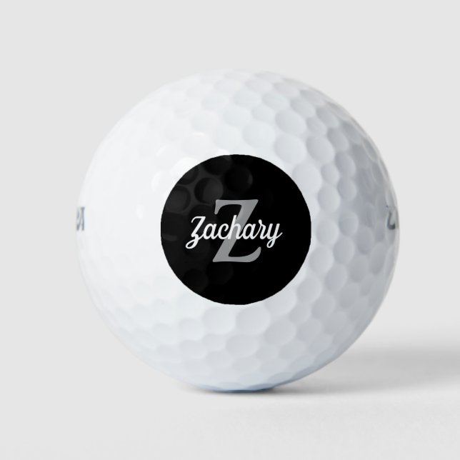 Pelotas De Golf Monograma blanco gris negro y nombre personalizado (Anverso)
