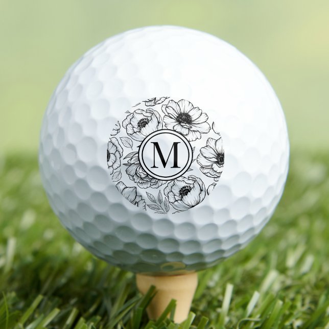 Pelotas De Golf Monograma Blanco Negro (Black White Floral Monogram Golf Balls)