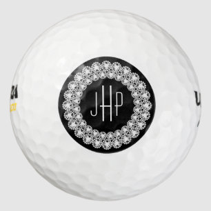Pelotas De Golf Monograma Con Diamantes Blancos En Círculo Negro