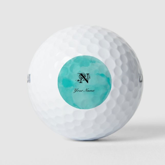 Pelotas De Golf Monograma de acuarela turquesa elegante (Anverso)