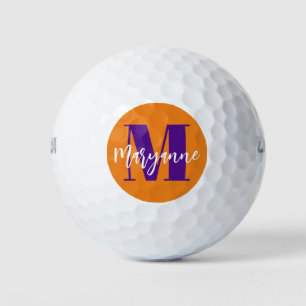 Pelotas De Golf Monograma de escritura púrpura Naranja moderno Mon